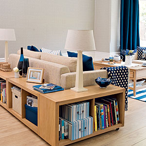 blue organized living room